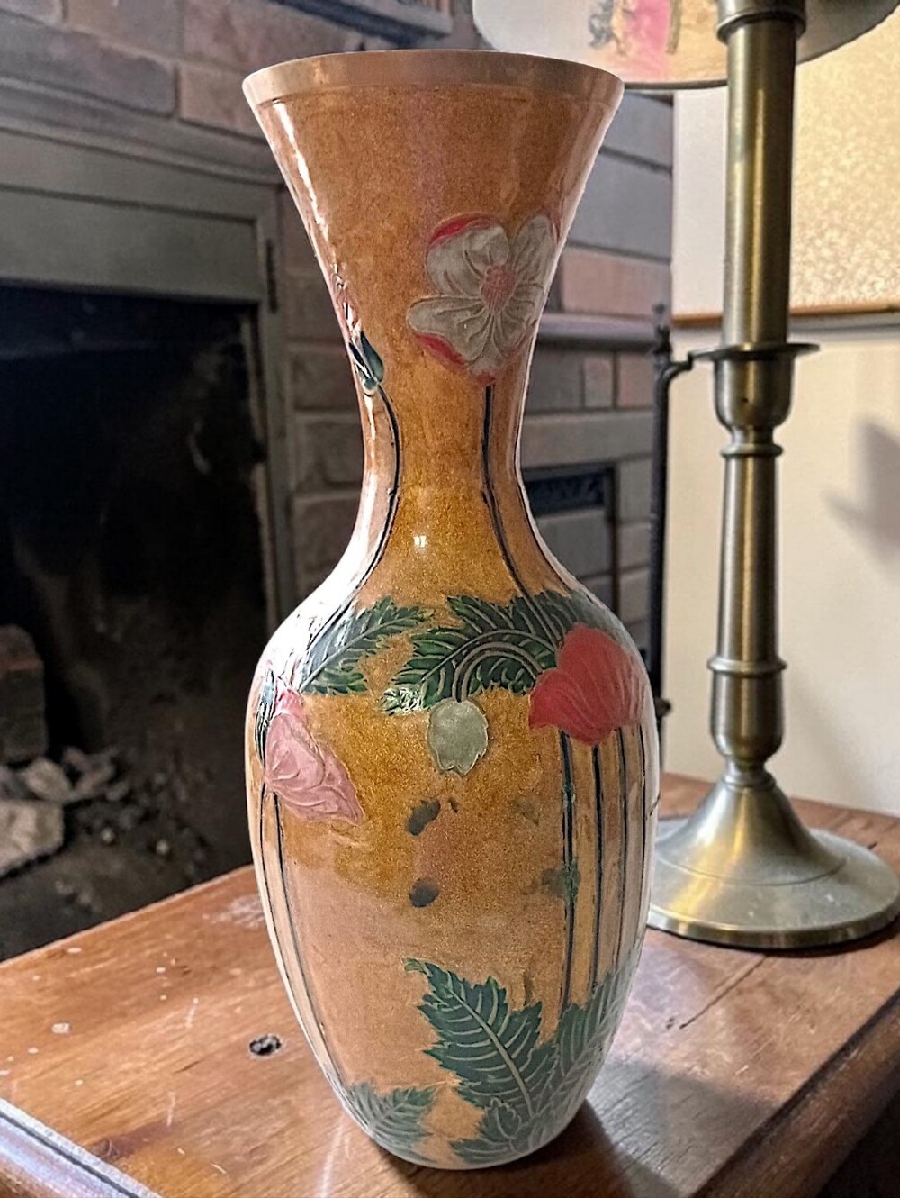 Vintage Enameled Brass Vase LARGE Cloisonne Champleve Ornate Etched Floral READ - Picture 16 of 16